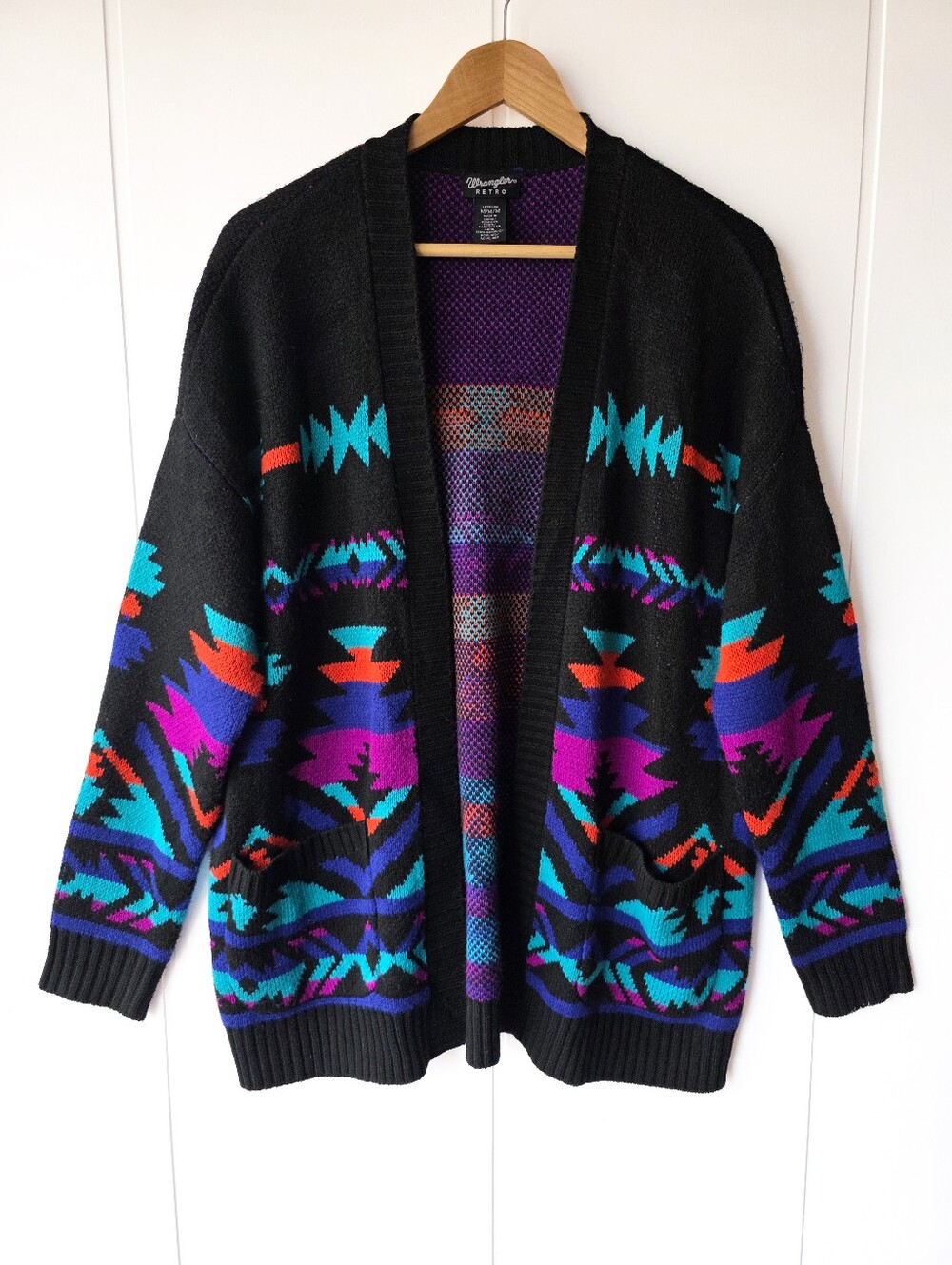 Wrangler Retro Open Front Geometric Print Knit Cardigan Sweater Medium